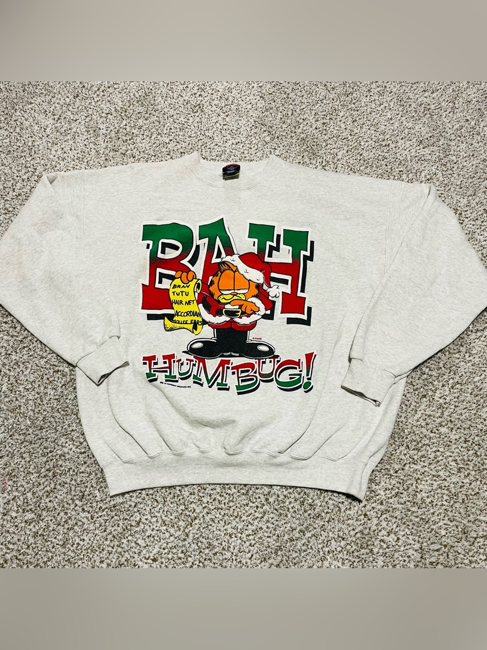 Vintage 90s Garfield Bah Humbug Christmas Crewneck Sweatshirt Grey Men's XL USA